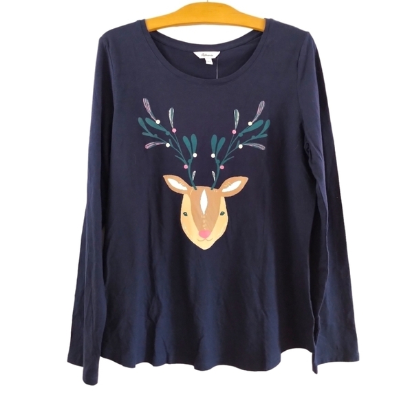 🌼NWT⭐Reitmans Sleepwear Long Sleeve Lounge T-Shirt Navy blue Cute cartoon Deer - Picture 3 of 15